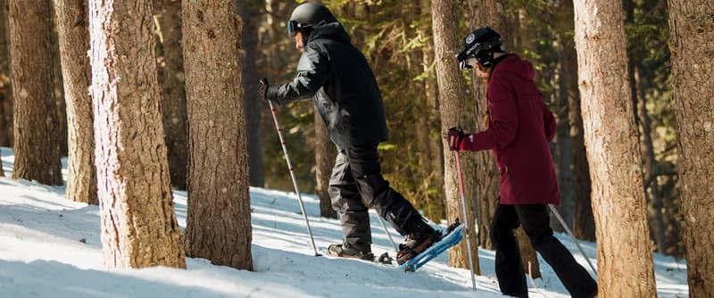 Dues persones caminen amb raquetes de neu pujant per un bosc nevat, utilitzant bastons. La persona del davant porta una jaqueta negra i la del darrere una jaqueta granat.