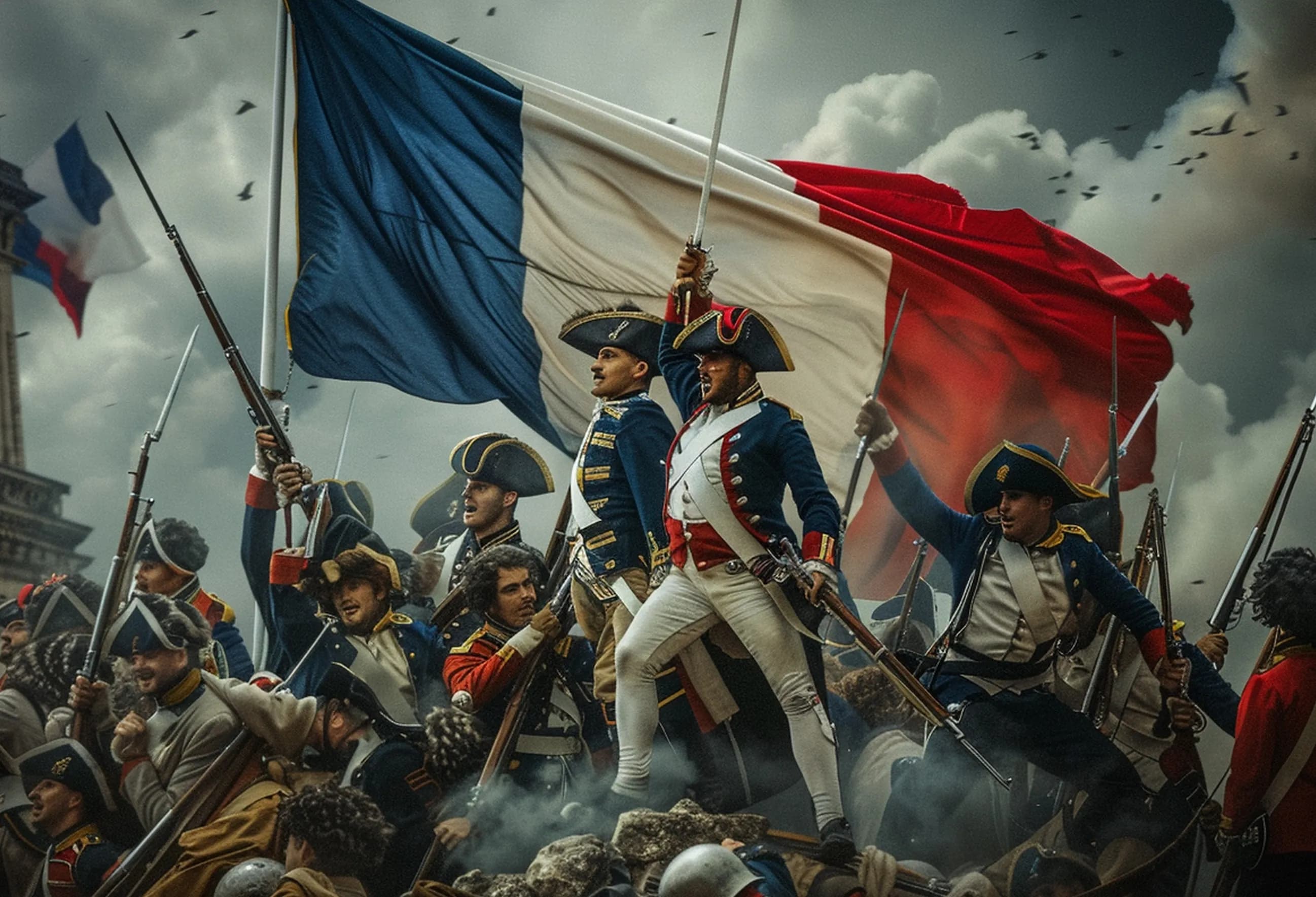 Una escena dramàtica de soldats de la Revolució Francesa en batalla, amb una gran bandera tricolor onejant prominentment darrere d'ells. Els soldats amb barrets bicornes i uniformes històrics es mostren amb mosquets i espases alçades enmig del fum i un cel ennuvolat.