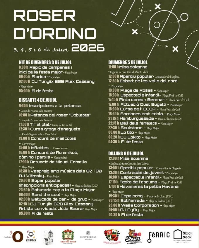 Un cartell verd fosc de l'esdeveniment "Roser d'Ordino 2026" amb un programa detallat d'activitats del 3 al 6 de juliol, incloent concerts, esdeveniments tradicionals i espectacles infantils, sobre un fons amb formes geomètriques abstractes blanques.