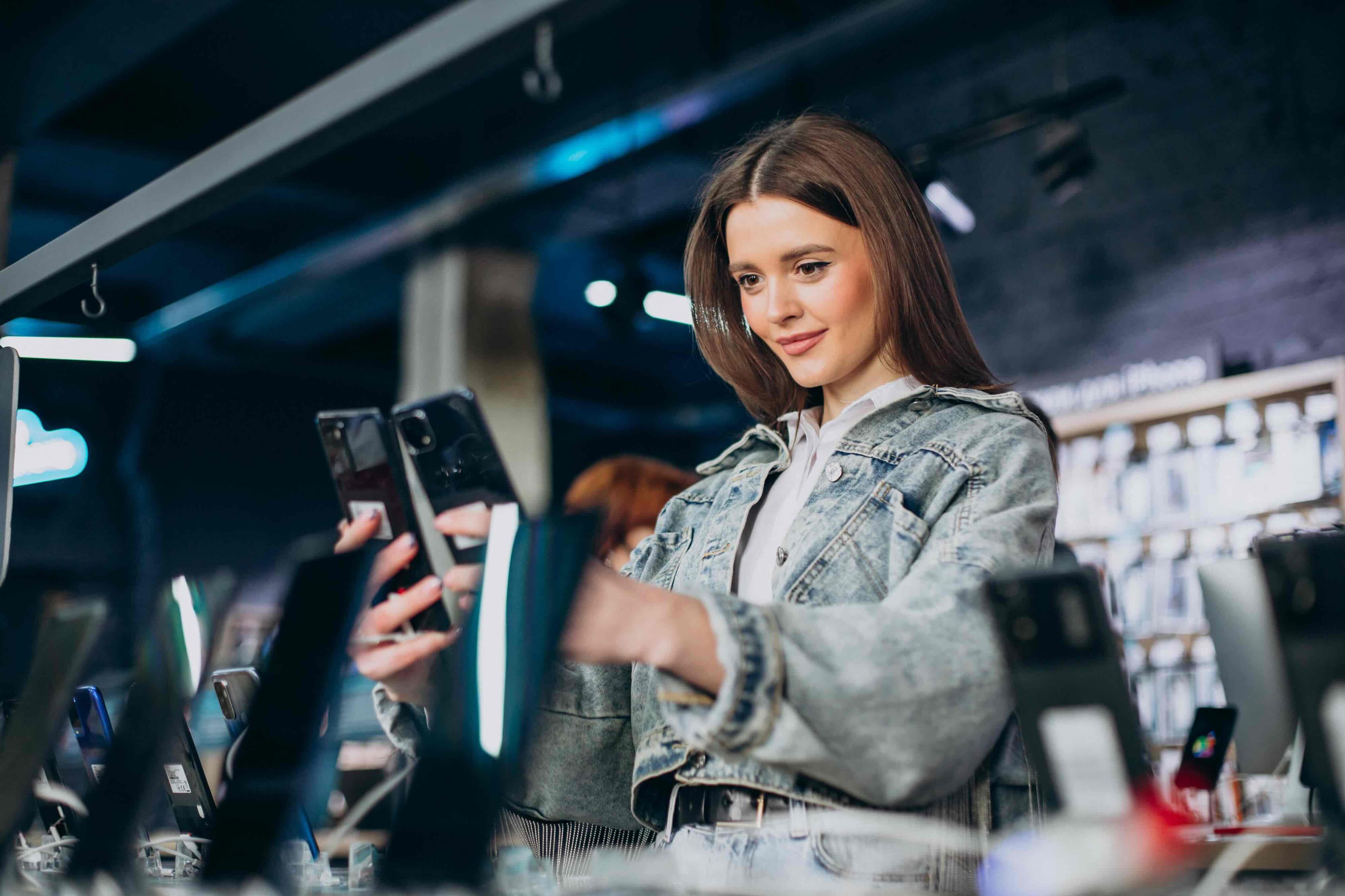 Una mujer joven con chaqueta vaquera examina atentamente dos smartphones en una tienda de electrónica. Sostiene un teléfono en cada mano, con otros dispositivos visibles en el fondo.