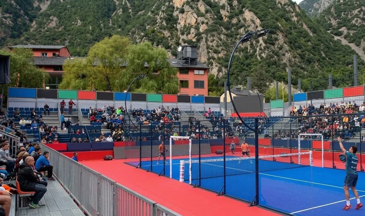 Una pista de pàdel a l'aire lliure amb seccions blaves i vermelles, on un jugador està servint. Els espectadors omplen les grades, amb muntanyes i edificis al fons.