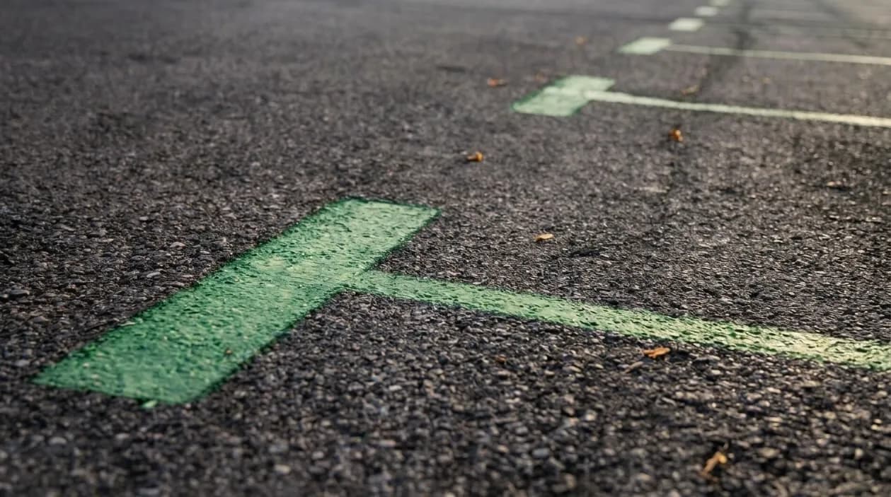 Una vista en angle baix de paviment d'asfalt fosc amb línies verdes pintades i esvaïdes, probablement marcant places d'aparcament o una zona verda designada. Petits residus estan escampats sobre la superfície texturitzada.