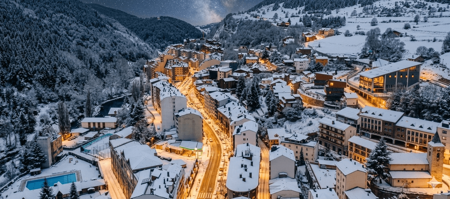 Vista aérea de un pueblo de montaña cubierto de nieve por la noche, con edificios y calles iluminadas serpenteando por un valle bajo un cielo estrellado.
