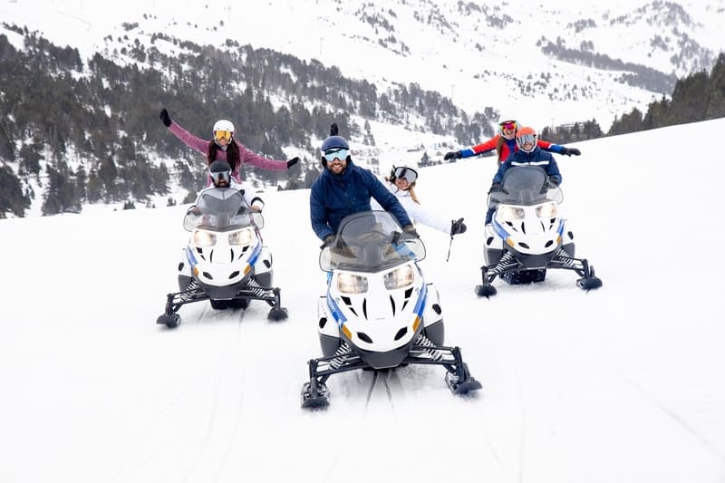Un groupe de six personnes sur trois motoneiges sur une pente enneigée, souriant et gesticulant les bras tendus. Des montagnes enneigées et des arbres sont visibles en arrière-plan.