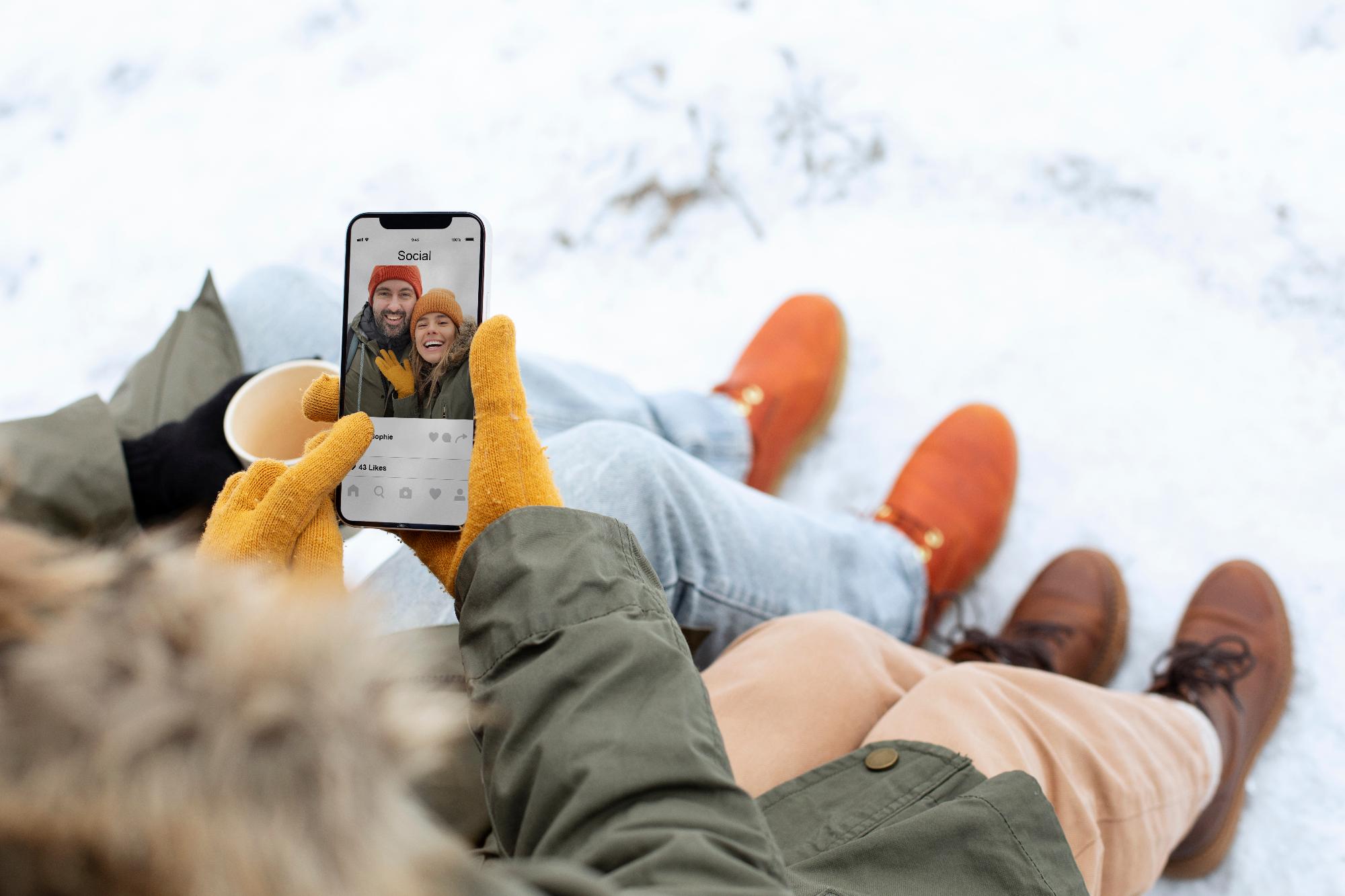 pareja usando el móvil en la nieve