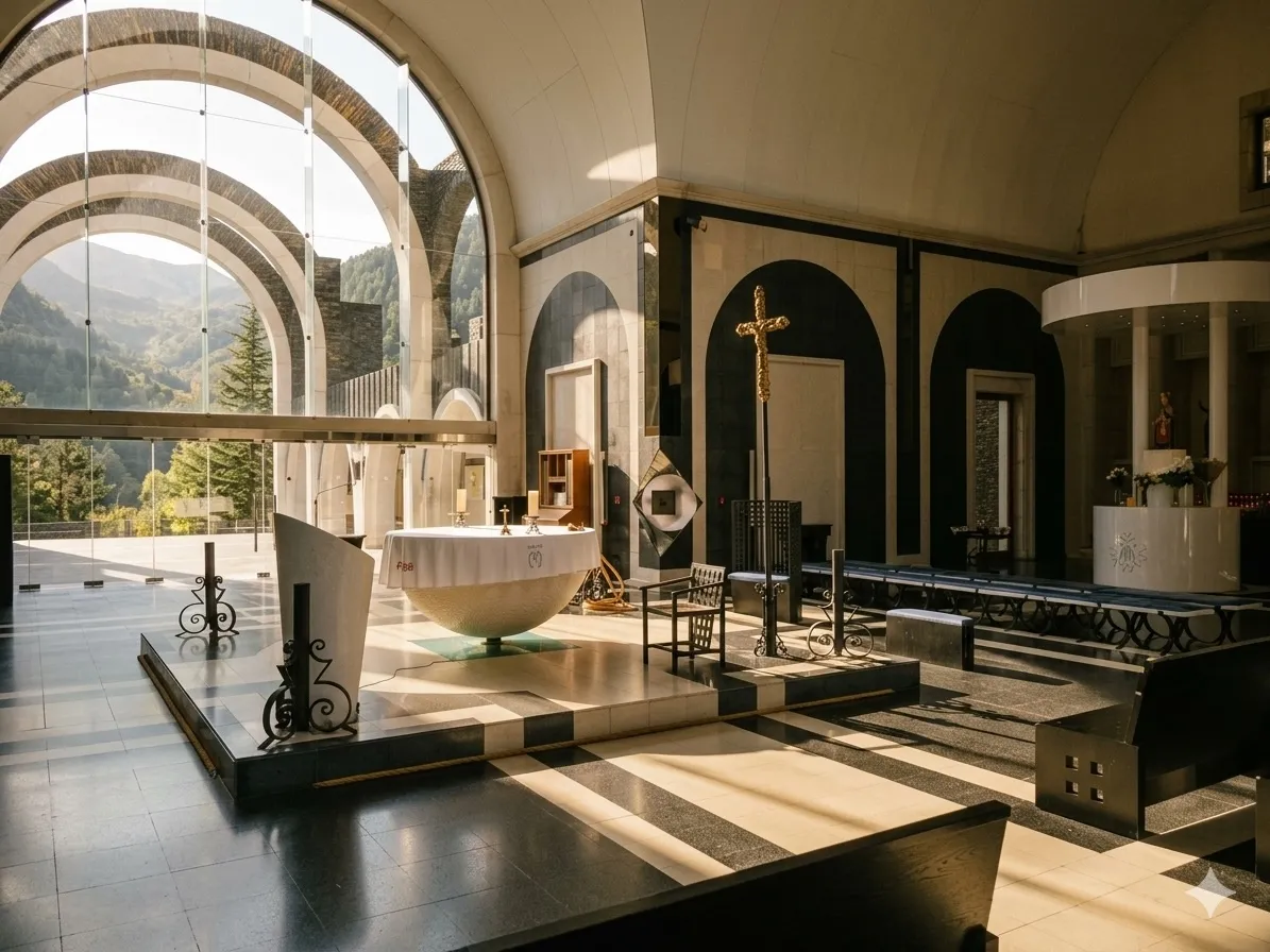 Interior de una iglesia moderna con grandes ventanales arqueados que dan a un paisaje montañoso. El espacio cuenta con un altar blanco, una cruz dorada y un suelo de rayas blancas y negras con la luz del sol entrando.