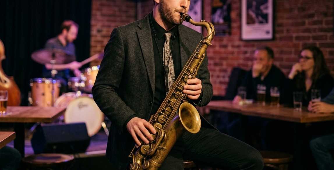 Un hombre con traje toca el saxofón en el escenario, con un baterista al fondo y público sentado en mesas.
